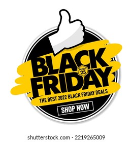 2022 Black friday mejor vende diseño de banner web con el dedo arriba. Etiqueta redonda. Vector en fondo transparente