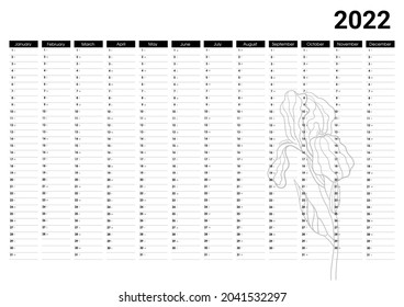 2022 Calendario de la pared de Año Blanco y Negro para la impresión. Plantilla de calendario anual vectorial con espacios para notas y flor Iris. 