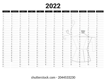 2022 Black and white Year wall calendar with illustration of italian geyser coffee maker. Vector annual calendar template with spaces for notes for printing. 