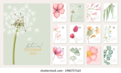 2022 botanical calendar template. Calendar with modern abstract transparent flowers with pastel colors. Set for 2022 with 12 pages for each month. Vector illustration with realistic flowers and leafs
