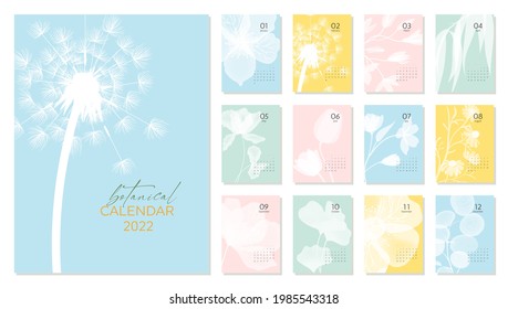2022 botanical calendar template. Calendar with white silhouette of flowers on pastel backgrounds. Set for 2022 with 12 pages for each month. Vector illustration