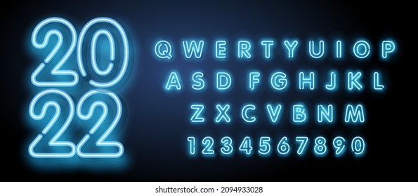 2022 Bright Neon Alphabet Letters, Numbers and Symbols Sign in Vector. Night Show. Night Club.