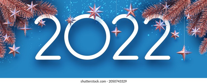 2022 with bronze spruce branches and hanging stars. Vector festive illustration.