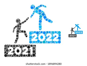 2022 business steps collage of round dots in various sizes and shades. Vector round dots are united into 2022 business steps composition. 2022 business steps isolated on a white background.