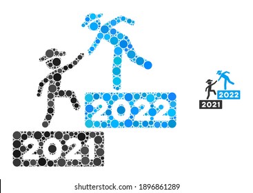 2022 business training collage of circle elements in variable sizes and color tints. Vector circle elements are grouped into 2022 business training mosaic.