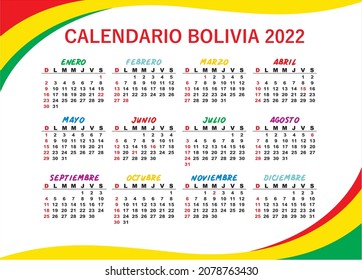 
2022 calendar with Bolivian holidays. Background design calendar template. vector illustration.