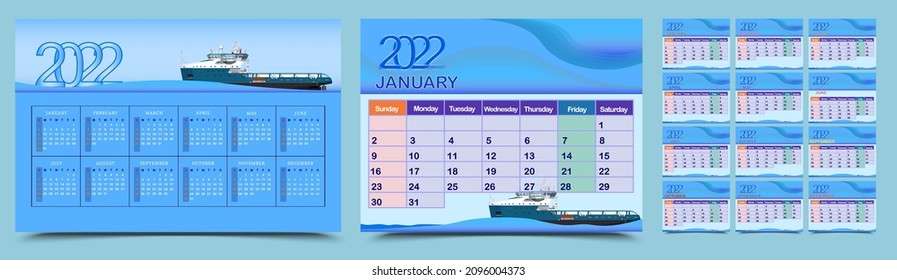 2022 Calendar Bundle Set: Wall calendar andTable calendar with suplyy boat background vector design.