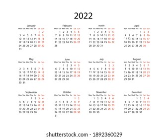 2022 calendar. Business organizer planner design. Vector illustration