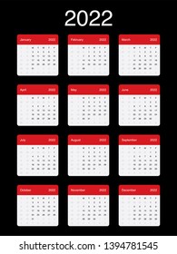 2022 Calendar Clean Minimal Simple Vector Design with a basic grid. Week Starts on Monday.