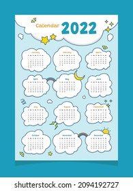 2022 Calendar with cloud theme. Cute calendar 2022.