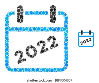 2022 calendar collage of filled circles in various sizes and color tones. Vector filled circles are united into 2022 calendar collage. 2022 calendar isolated on a white background.