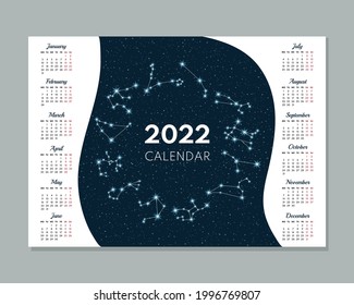 Kalender 2022. Kalenderkonzept mit Sternbild des Tieres. Die Woche beginnt am Montag. Vektorgrafik. 