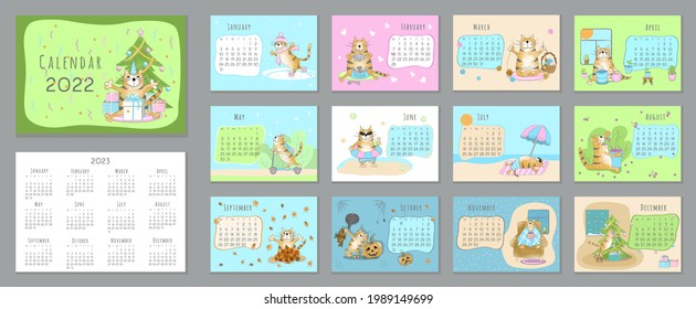 2022 calendar. Cover, set of 12 months pages and 2023 simple calendar. Funny Cartoon ginger tabby cat character in different poses. Week starts on Monday. Vector illustration, horizontal A4 format.