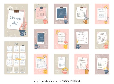 2022 calendar. Cover, set of 12 months pages and page with 2023 calendar. Pieces of papers, photo frames, tea mugs with flowers in flat style. Week starts on Sunday. Vector illustration.