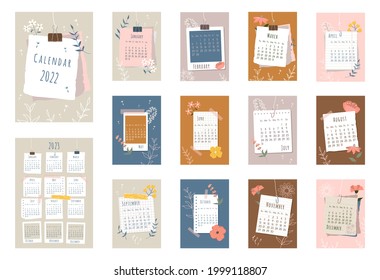 2022 calendar. Cover, set of 12 months pages and page with 2023 calendar. Pieces of papers, photo frames, colorful flowers, flowers contours in flat style. Week starts on Sunday. Vector illustration.