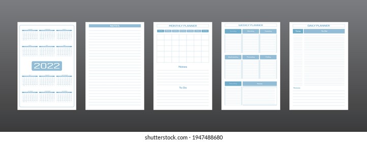 2022 calendar daily weekly monthly personal planner diary template in strict minimalist urban style gray blue color. individual schedule Week starts on sunday