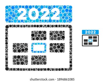 Composición de los puntos redondos en diferentes tamaños y tonos de color. Los puntos redondos vectoriales se organizan en la ilustración del día natural 2022. Día natural 2022 aislado en un fondo blanco.