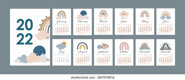 2022 Calendar design concept with cute rainbow design. Set of 12 months vector illustration. Week starts on Sunday. Pastel color vector illustration. can be used for A4 and A3 paper.