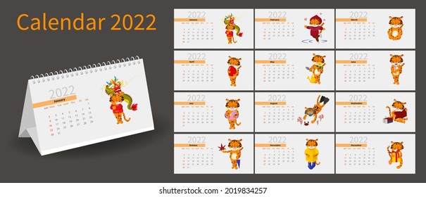 2022 Calendar Design With Funny Tiger Cub With Different Seasonal Activities. Tiger Calendar Design Concept, Cute Tiger, New Year Character. Kit For 12 Months. Desk Calendar Horizontal Layout.