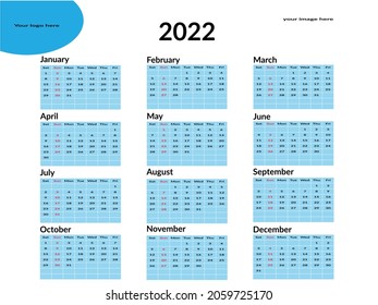  2022 calendar design vector. Monthly.