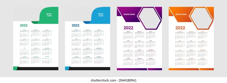 Conjunto de vectores de diseño de calendario 2022 para la semana de diseño corporativo de plantilla comienza el lunes. Diseño del calendario del año nuevo 2022.