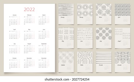 2022 calendar design. Week starts on Monday. 2022 full calendar. Editable calender page template A4, A3. Vertical. Abstract artistic vector illustrations. Pastel background. Set of 12 months.