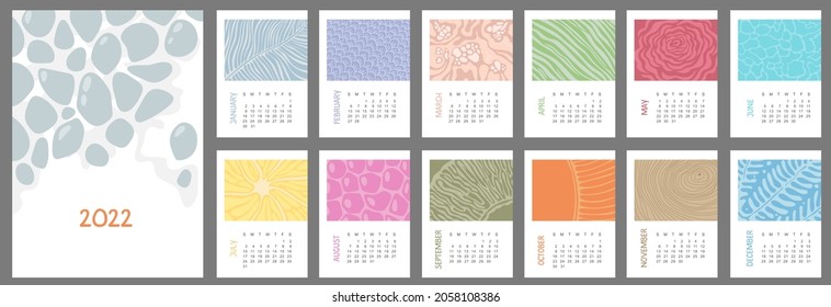 2022 calendar design. Week starts on Sunday. Editable calendar page template A4, A3. Vertical. Abstract natural vector eco-illustration. Pastel background. A set of 12 months.