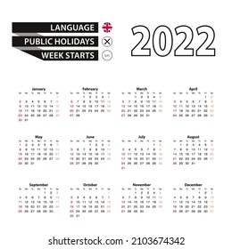 2022 calendar in English language, week starts from Sunday. Vector Illustration.