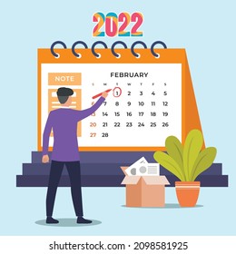 2022 calendar in February. Desktop Calendar Vector Template. Vector colorful illustration. 