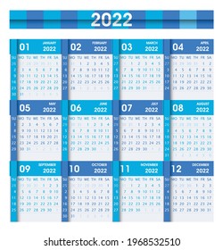 2022 Kalender Flaches Design. Blaue Farben. Einzeln auf Weiß. Die Woche beginnt am Sonntag. Wirtschaftsvektorgrafik.