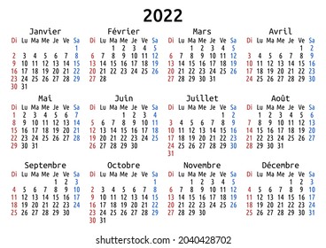 2022 calendar, French, Canada. Vector compact annual wall or planner template for A4 or A5 paper size. Simple minimal one page per year design, EPS 8. Week starts Sunday