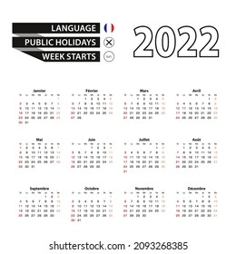 2022 calendar in French language, week starts from Sunday. Vector Illustration. Translation: “Months of the year and days of the week”.