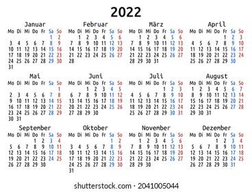 2022 calendar, German, Germany. Vector compact annual wall or planner template for A4 or A5 paper size. Simple minimal one page per year design, EPS 8. Week starts Monday