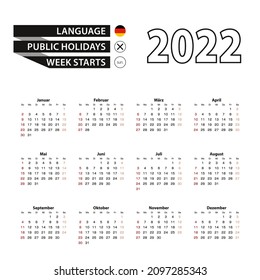 2022 calendar in German language, week starts from Sunday. Vector Illustration. Translation: “Months of the year and days of the week”.