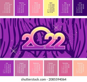 2022 Calendar grid in english, typography from numbers of the year in retro style, horizontal vector illustration
