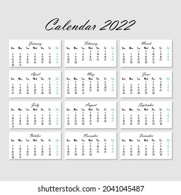  Kalendergitter 2022 für Kalendereinfügungen und -drucke, zur Verwendung in Typografie oder zu Hause