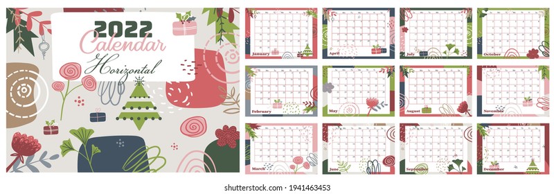 2022 Calendar Horizontal with abstract background. Printable Monthly planner with geometric pattern. Week is started from Sunday. Schedule for month. 