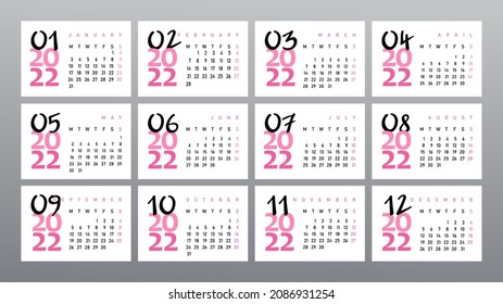 2022 calendar horizontal pages template, wall mounted on white background, vector illustration