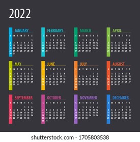 2022 Calendar - illustration. Template. Mock up Week starts Sunday