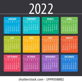 2022 Calendar - illustration. Template. Mock up Week starts Sunday. Vector illustration