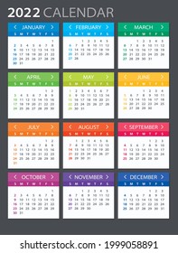 2022 Calendar - illustration. Template. Mock up Week starts Sunday