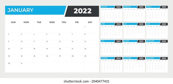 2022 Calendar - illustration. Template. Mock up