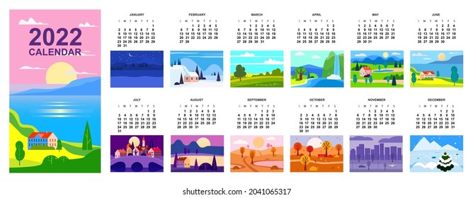 2022 Calendar landscape natural backgrounds of four seasons. Winter wonderland, Fresh on Spring, Hot sunny day on Summer, Autumn with leaves falling. Set minimalistic cartoon flat design seasons