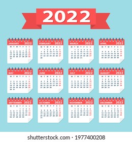 2022 Calendar Leaves Flat Set - Vector Illustration - Week Starts On Monday