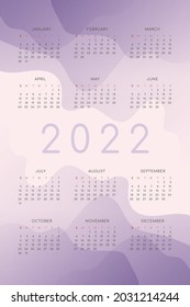 2022 calendar with lilac gradient fluid wave shapes