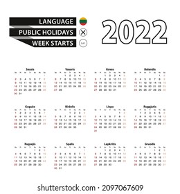 2022 calendar in Lithuanian language, week starts from Sunday. Vector Illustration. Translation: “Months of the year and days of the week”.