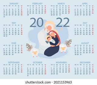 2022. Calendar Merry Christmas. Holy Family Virgin Mary and Joseph. birth of  baby Savior Jesus Christ. Vector illustration. horizontal template A3 for 12 months in English. Week starts on Monday 