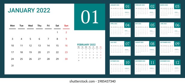 2022 calendar with minimal design. template of calendar 2022.desk calender ready to print. week start on monday .sunday as weekend. good for daily log ,business, timetable, planner, etc.