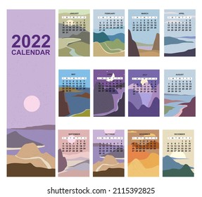 2022 Calendar minimalistic landscape natural backgrounds of four seasons. Winter wonderland, Fresh on Spring, Hot sunny day on Summer, Autumn with leaves falling. Set Minimal modern boho trendy style