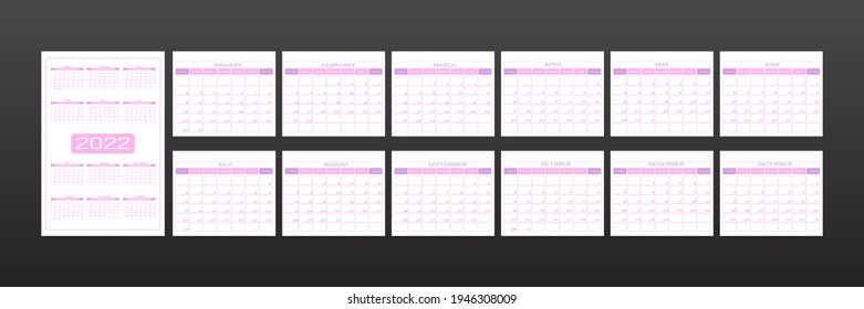 2022 calendar in minimalistic urban trendy style. set of 12 months template daily planner to-do list for every day. rounded streamlined shape, delicate light pink color. week starts on Sunday.